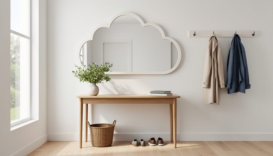 Cloud-shaped mirror with pastel frame in a bright entryway