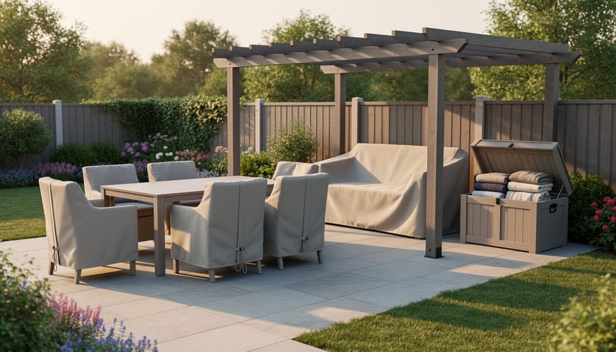 Outdoor patio furniture covered with a weather-resistant cover and cushions stored nearby for winter protection.
