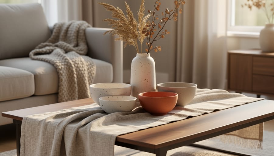 Handcrafted woven rug, macramé wall hanging, and ceramic vase arranged in a sunlit living room