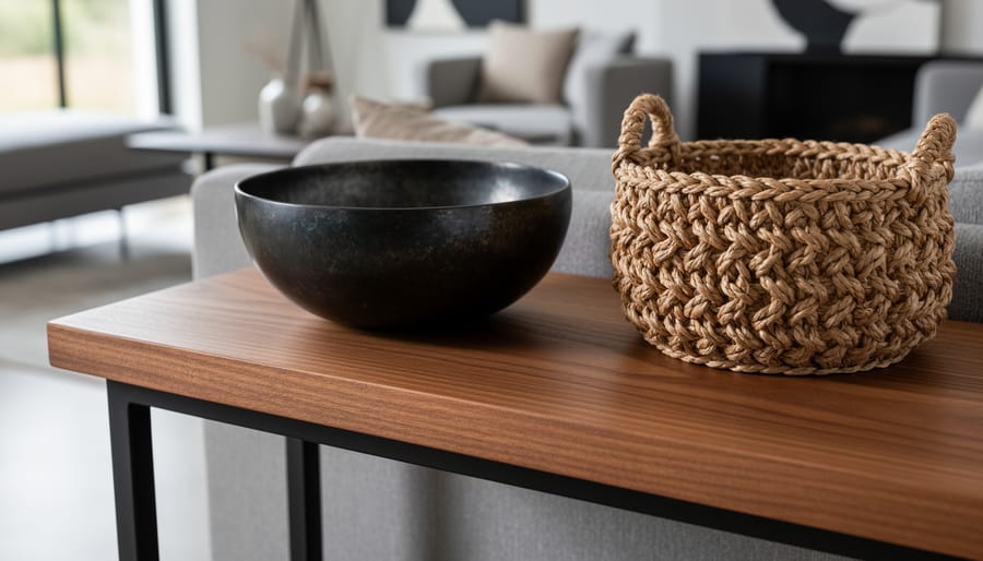 Handcrafted decor objects including a hand-forged metal candle holder, carved wooden sculpture, and natural-fiber basket on a shelf