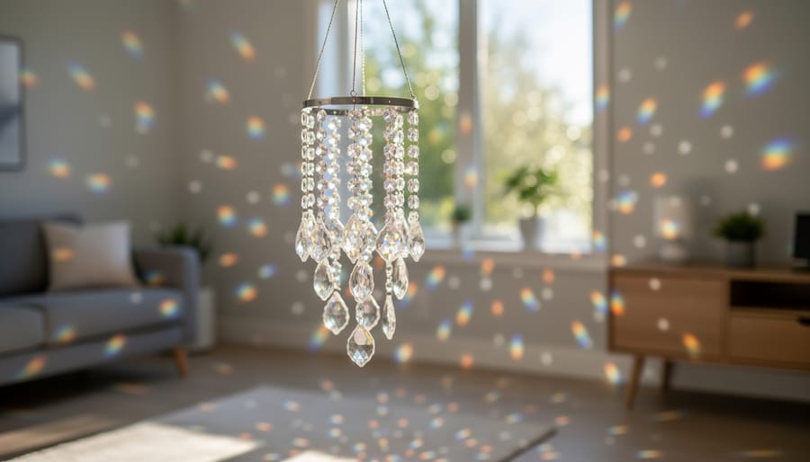 Crystal sun catcher hanging by a window creating rainbow prisms