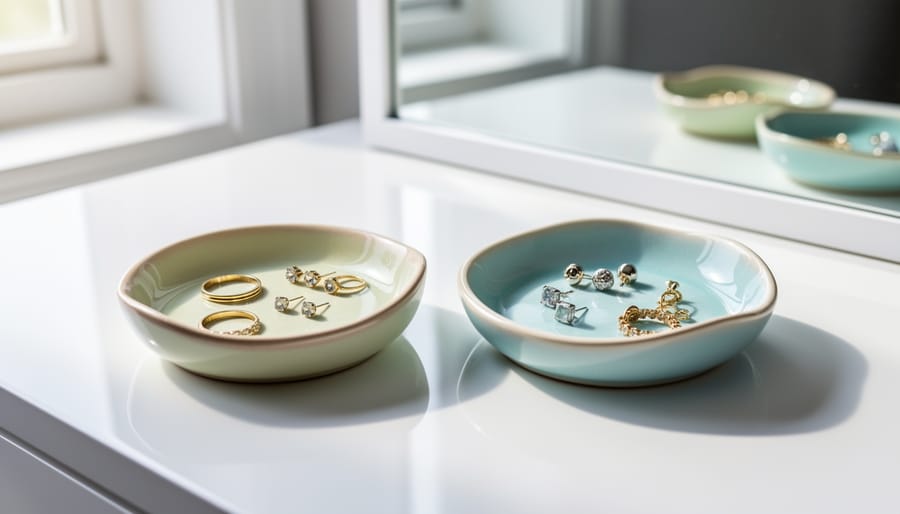 Heart and animal-shaped decorative ring dishes on a sunlit vanity