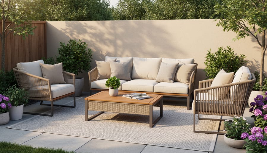 Modern outdoor patio seating area with deep-seating sectional and beige cushions under soft daylight.