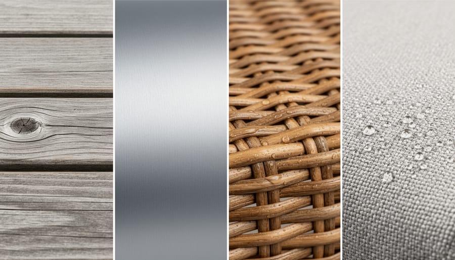 Close-up view of outdoor furniture materials including teak wood, brushed aluminum, synthetic wicker, and cushion fabric swatches.