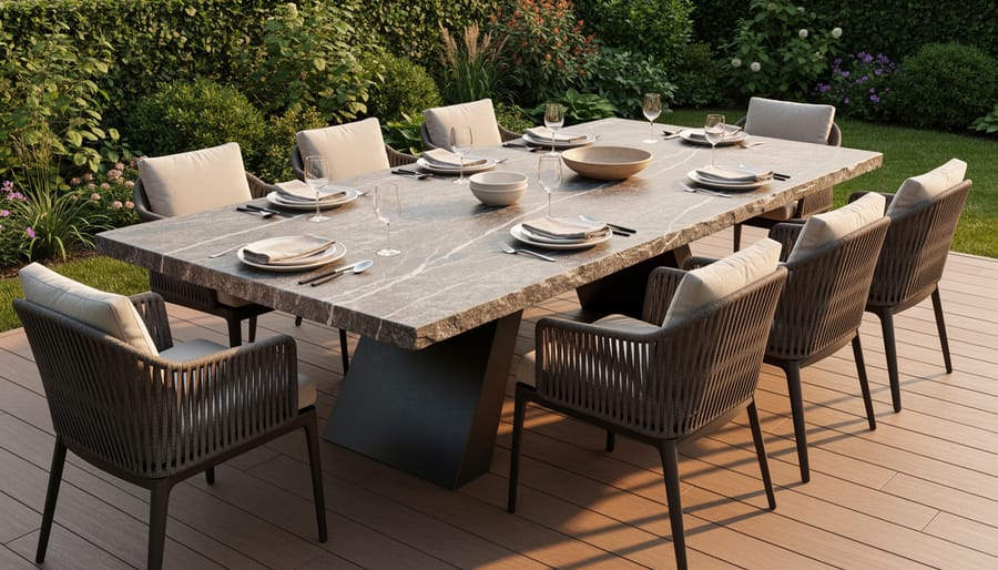 Outdoor dining setup with stone-look table, chairs, and umbrella during golden hour sunlight.