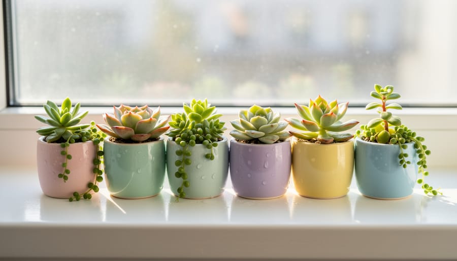 Pastel miniature planter set with small succulents on a windowsill