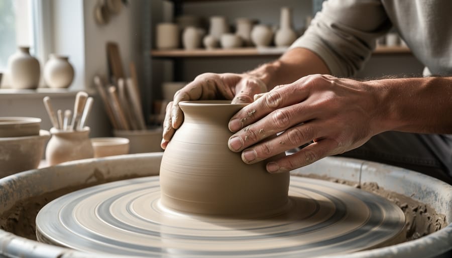 Potter’s hands working wet clay on a wheel with handmade bowl and tools visible