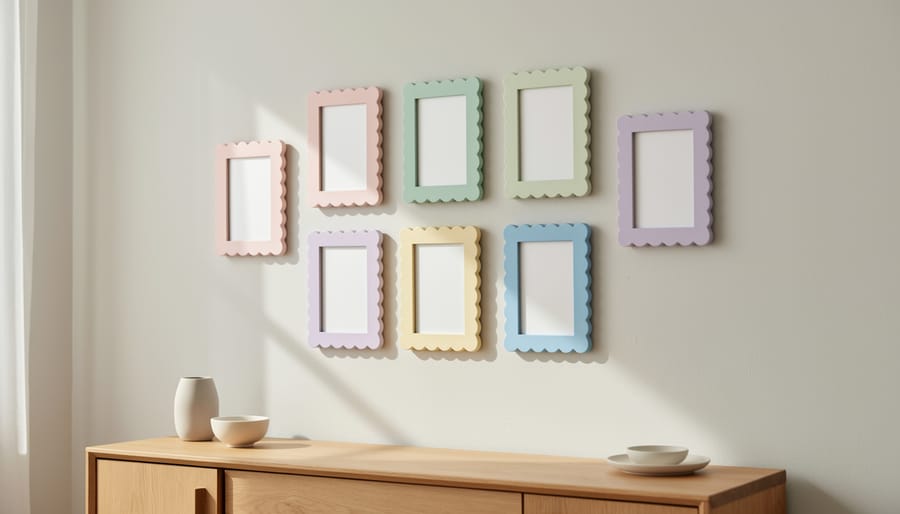 Pastel scalloped edge picture frames on a shelf