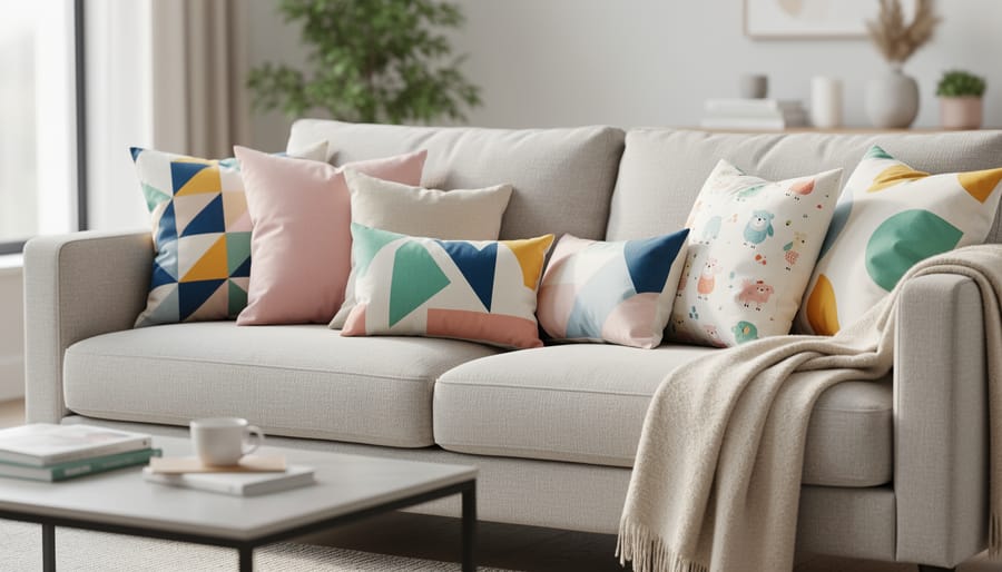 Whimsical throw pillows with patterns and pom-poms on a couch