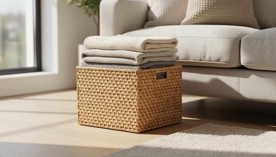 Woven decorative storage basket with tassel details on bedroom floor