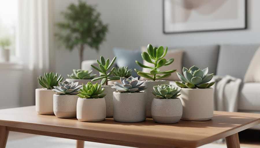 Cluster of succulents in terracotta and ceramic pots arranged on a modern living room shelf