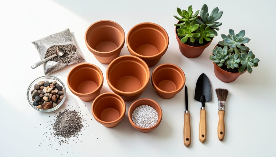 Succulent potting supplies including a planter, drainage pebbles, pumice, and soil mix on a kitchen counter