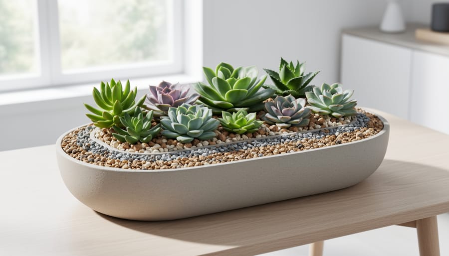 Finished succulent planter with gravel top dressing on a sunlit window sill