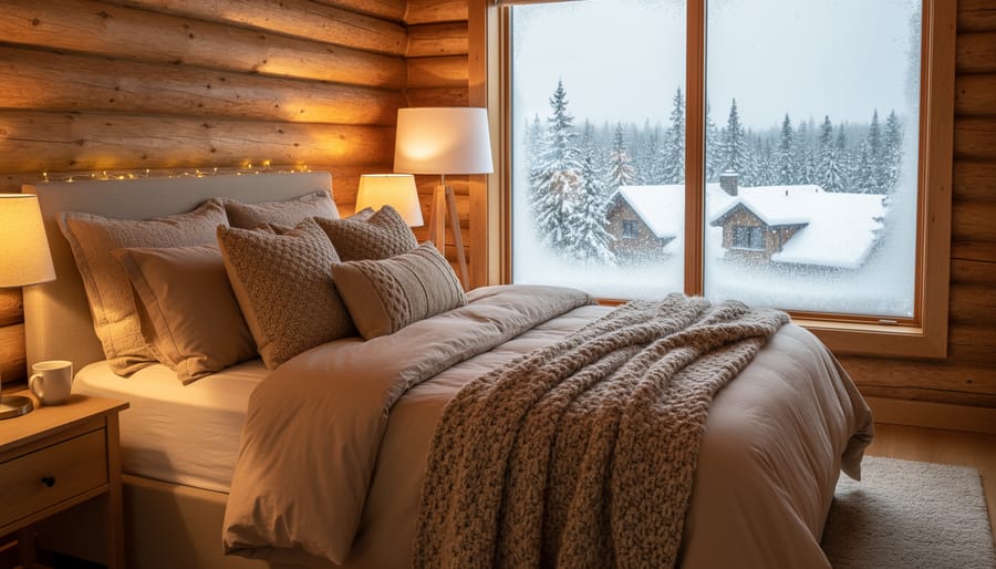 Bedroom with layered wool bedding and warm lamp light with snowy evergreen view through a window
