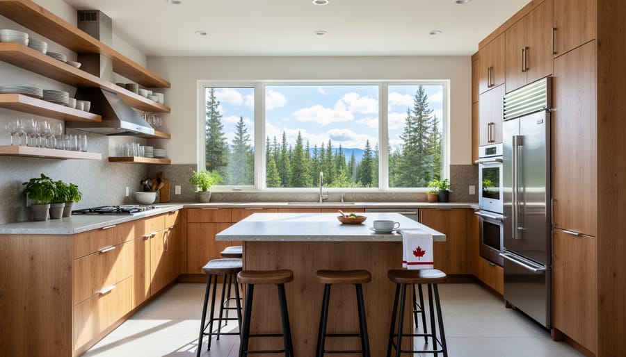 Kitchen corner with reclaimed wood countertop, open shelving, ceramics, and stone backsplash lit by warm sunlight