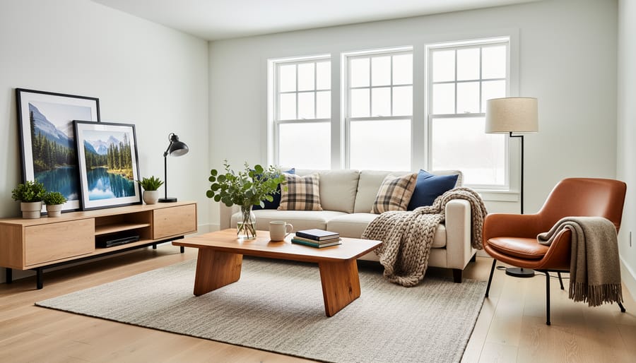 Living room with natural wood furniture, wool throw blanket, textured textiles, and a stone fireplace in a cozy Canadian-style setting