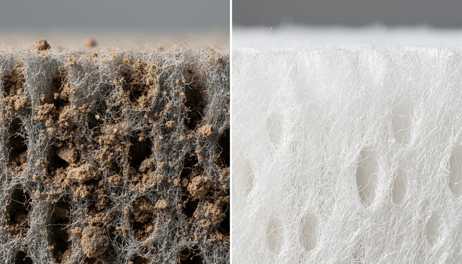 Close-up of a water filter cartridge showing sediment buildup next to a clean replacement cartridge on a workbench.