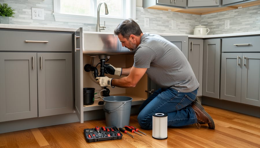 Gloved hands tightening a water filter housing under a kitchen sink with a wrench and replacement cartridge on a towel.