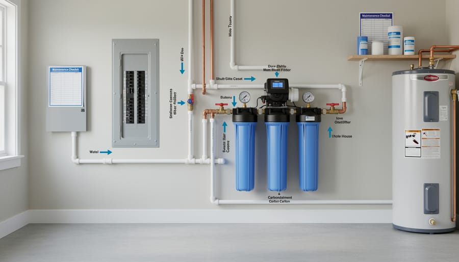 Whole-house water filtration system with filter housings and plumbing manifold in a basement utility area.